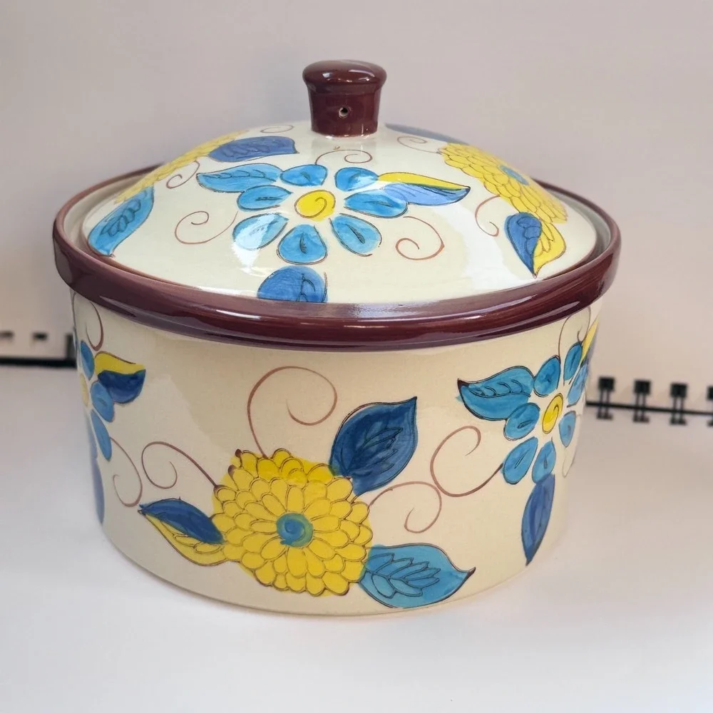 Temp-Tations Yellow & Blue Floral 1 Qt Casserole Presentable Ovenware Crock